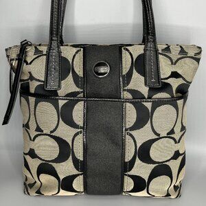 COACH F 1380-F25771 SIGNATURE SILVER/BLACK JACQUARD & PATENT LEATHER HANDBAG